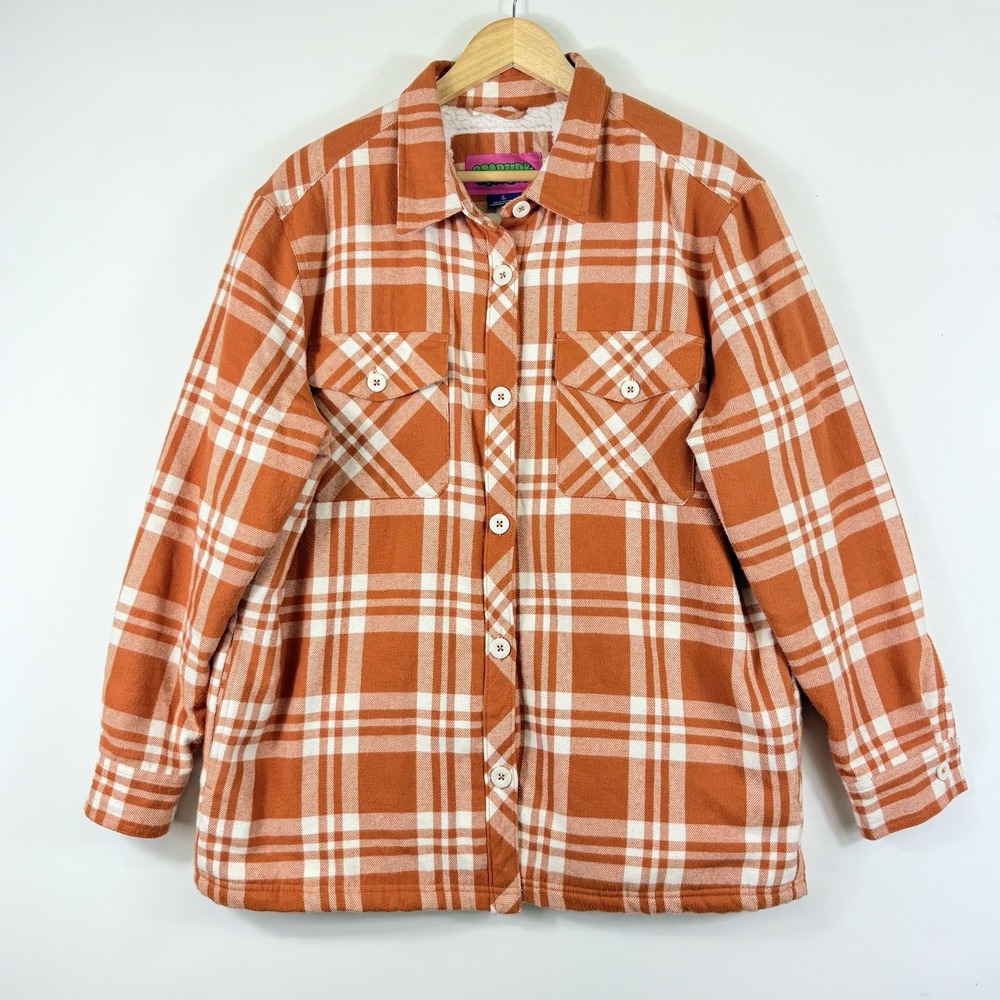 Empyre Shacket Jacket Womens Large Orange White Plaid Fleece‎ Lined Lumberjack